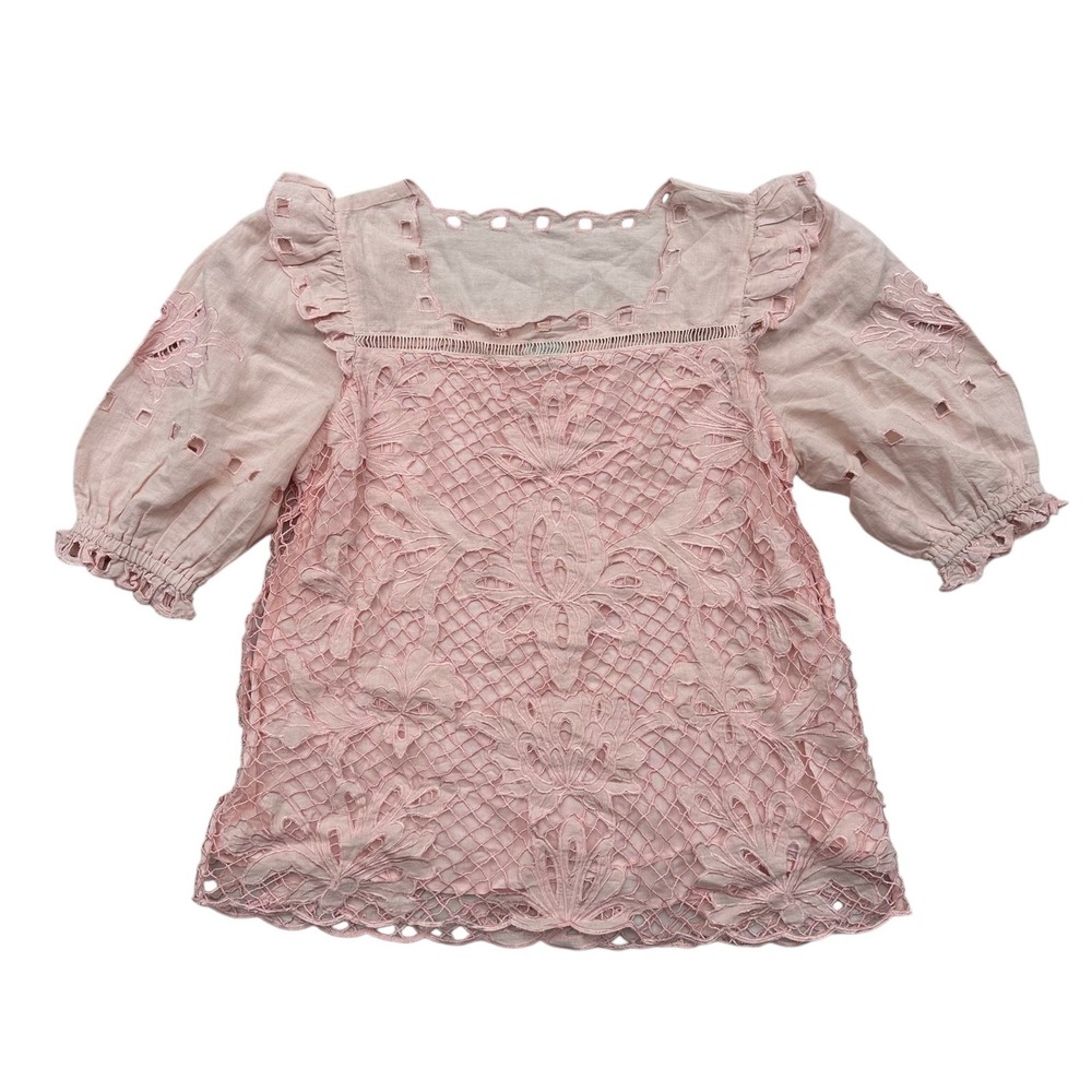 Sundance Womens Blouse Large Pink Blush Linen Cotton Lace Eyelet Boho Top